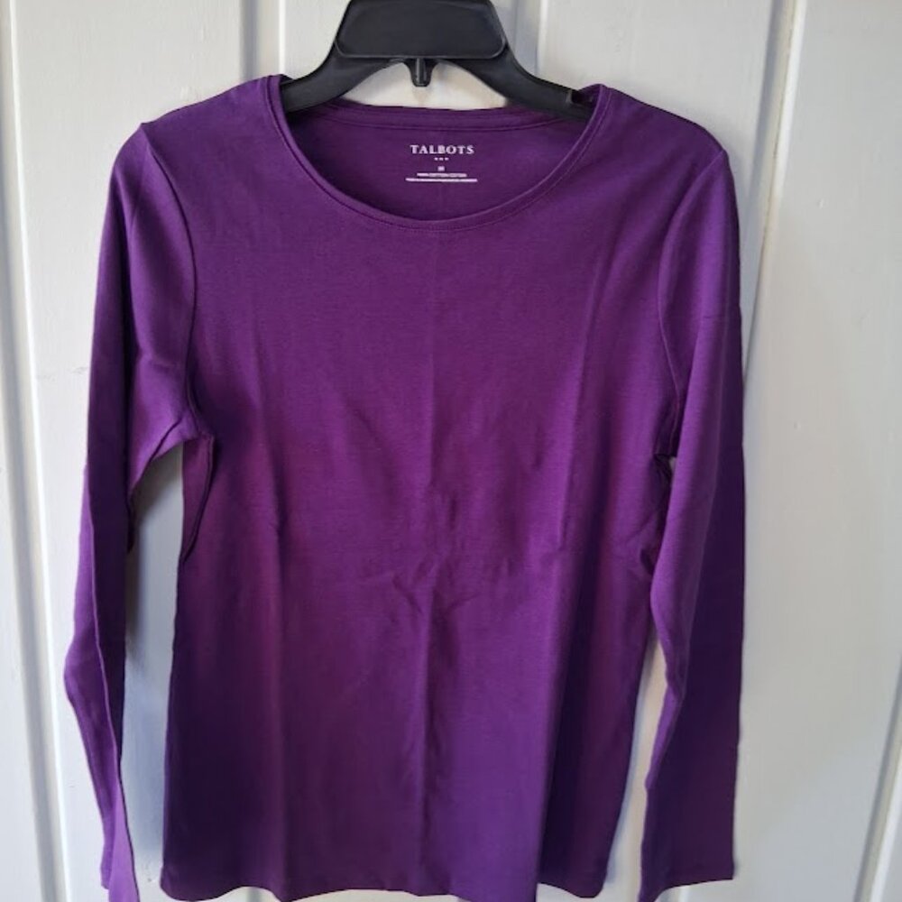 Talbots Cotton Long Sleeve Round Neck Purple Tee NWT Sz M